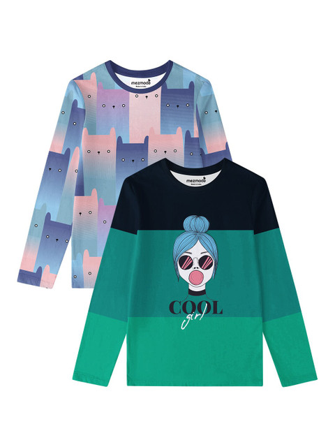 

mezmoda Girls Pack Of 2 Multicoloured Printed T-shirt, Multi