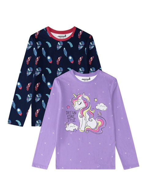 

mezmoda Girls Pack of 2 Printed T-shirts, Navy blue