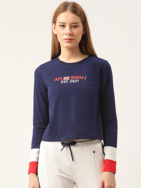 

AM SWAN Women Navy Blue & Red Typography Printed T-shirt with Mask