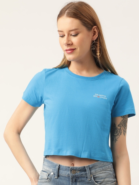 

AM SWAN Women Blue Typography Printed Cropped T-shirt