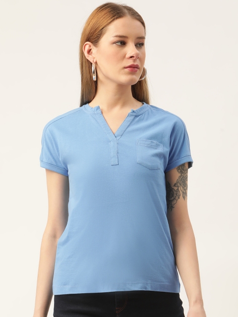 

AM SWAN Blue Striped Mandarin Collar Regular Top