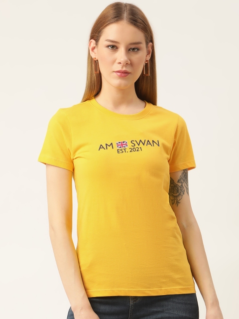 

AM SWAN Women Yellow Typography Printed T-shirt
