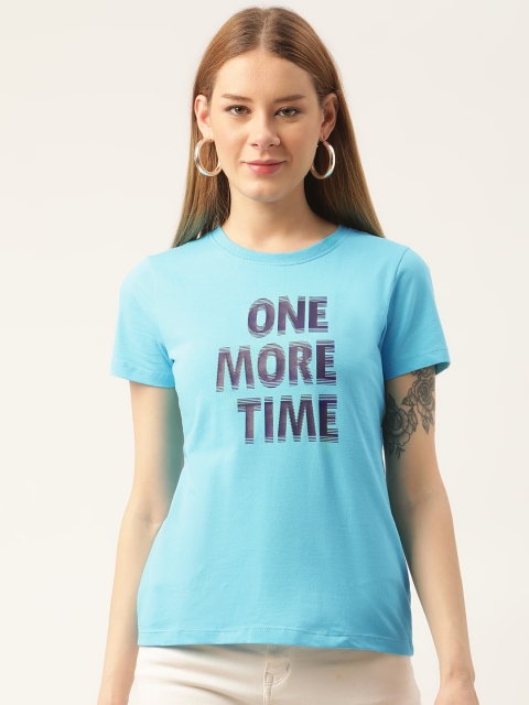 

AM SWAN Women Blue Typography Printed T-shirt