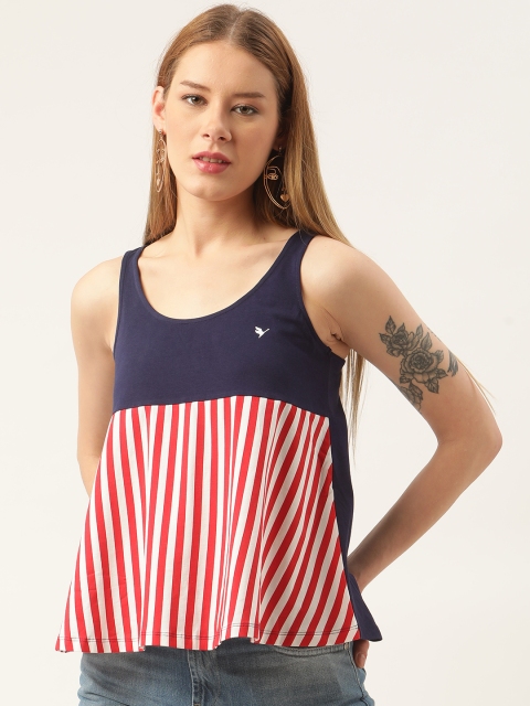 

AM SWAN Navy Blue & Red Striped Flared Regular Top