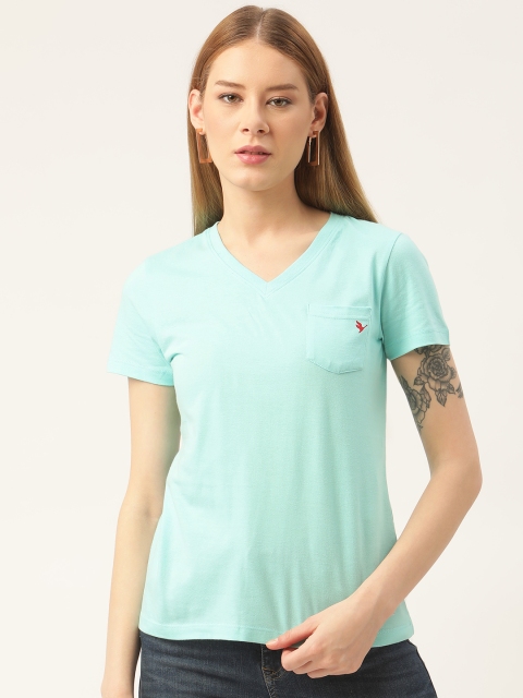 

AM SWAN Women Blue V-Neck Pockets T-shirt