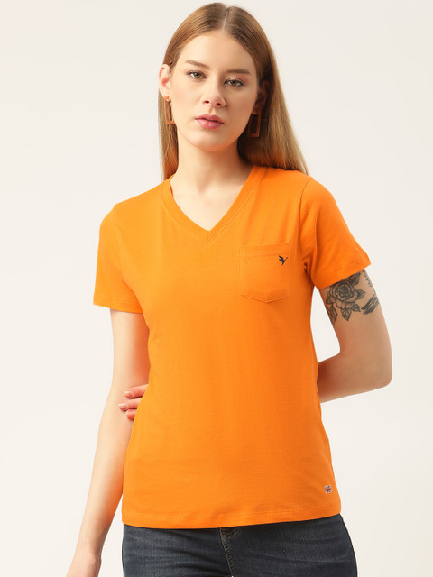 

AM SWAN Women Orange V-Neck Pockets T-shirt