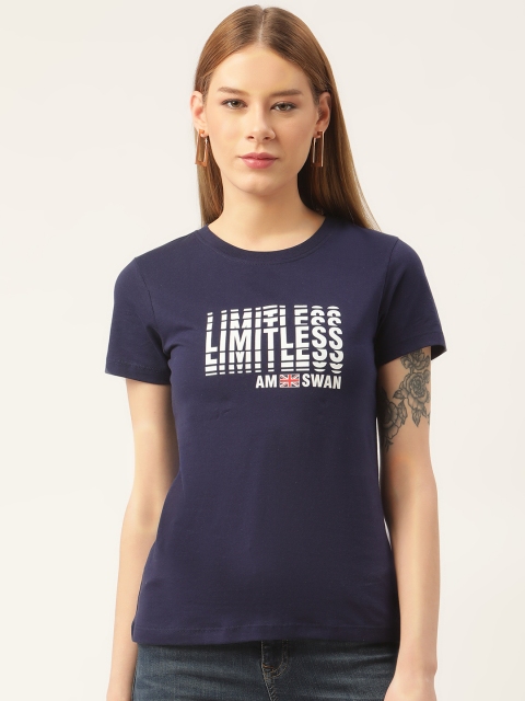 

AM SWAN Women Navy Blue Typography T-shirt
