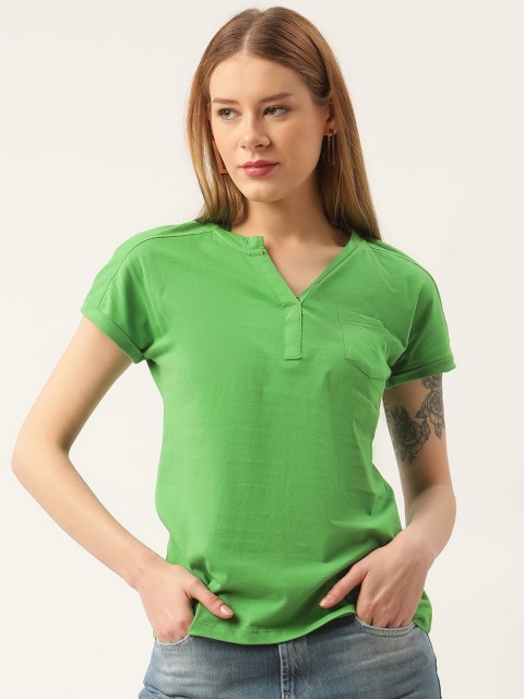 

AM SWAN Green Striped Mandarin Collar Regular Top