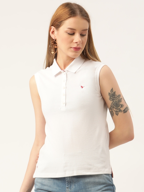 

AM SWAN Women White Polo Collar T-shirt