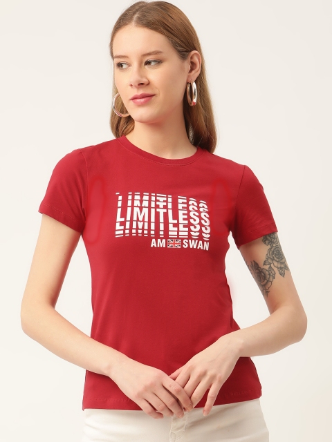 

AM SWAN Women Red Typography Printed T-shirt