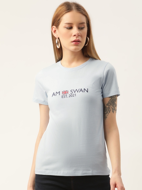 

AM SWAN Women Blue Typography Printed T-shirt