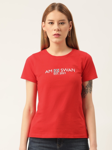 

AM SWAN Women Red Typography Printed T-shirt
