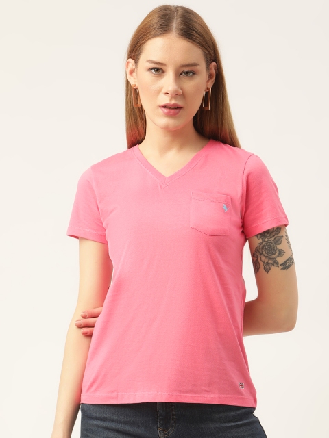 

AM SWAN Women Pink V-Neck Pockets T-shirt