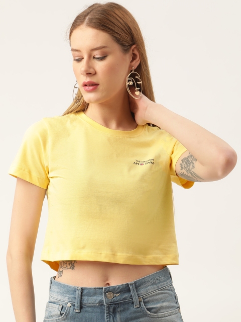 

AM SWAN Women Yellow Typography Printed Cropped T-shirt