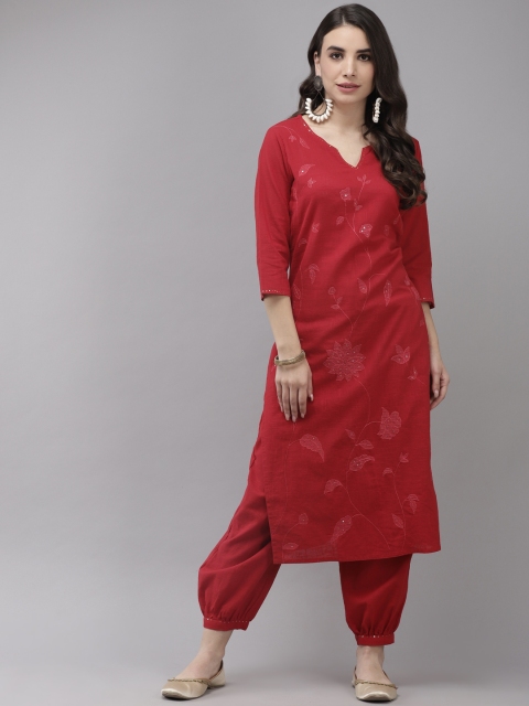 

Ishin Women Red Floral Embroidered Regular Thread Work Pure Cotton Kurta with Salwar