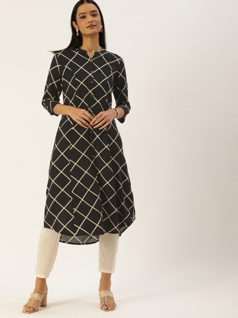 

AMUKTI Women Black & Off White Checked Kurta