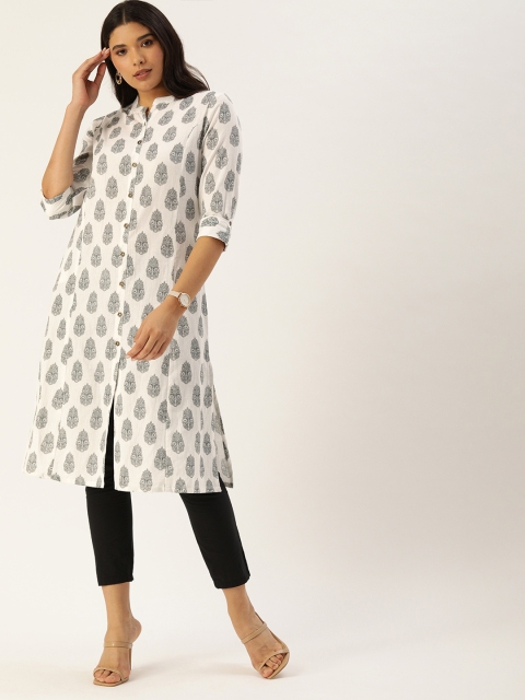 

AMUKTI Women White & Grey Ethnic Motifs Printed Kurta