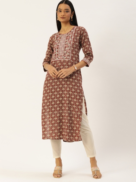 

AMUKTI Women Brown & Beige Bagru Printed Embroidered Kurta