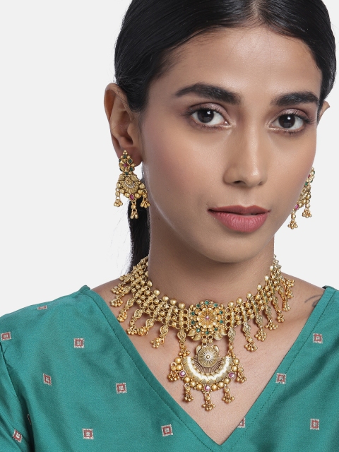 

I Jewels Women Pink & Green Gold Plated Stone Studded Jewellery Set