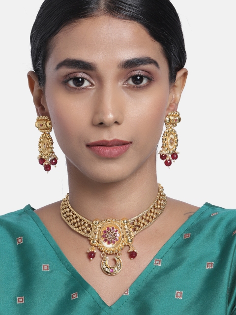 

I Jewels Maroon & Pink Gold-Plated Embellished Jewellery Set