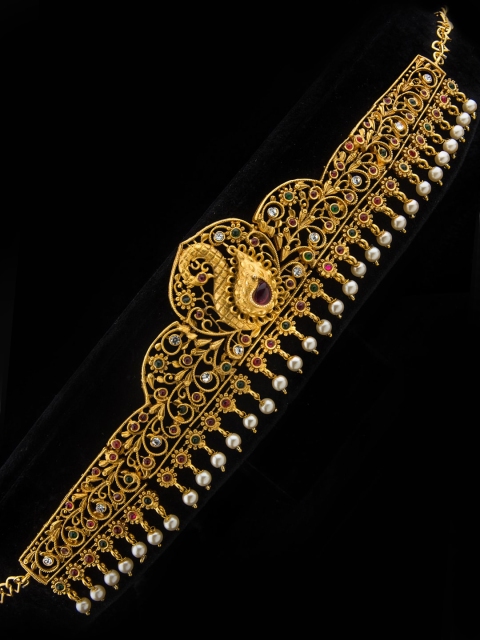

Alankruthi Women Gold-Plated White & Red Stone Studded & Beaded Kamarbandh