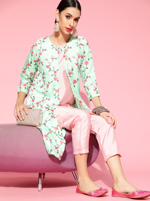 

Tikhi Imli Women Sea Green Floral Regular Kurta Set with Jacket