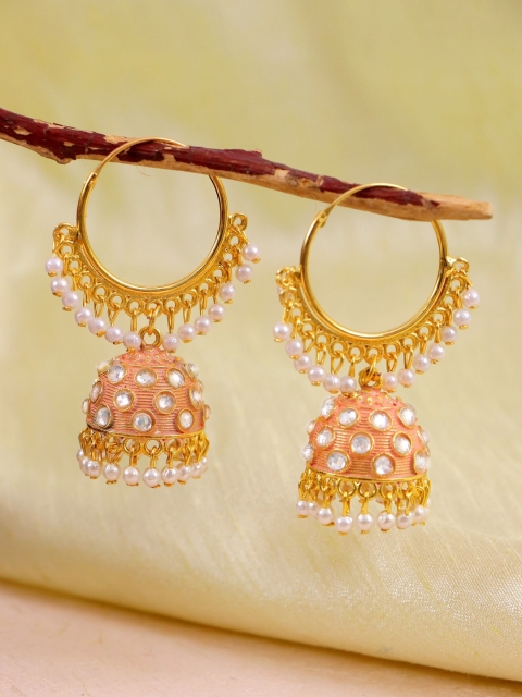 

Crunchy Fashion Gold-Toned & Peach-Coloured Contemporary Jhumkas Earrings