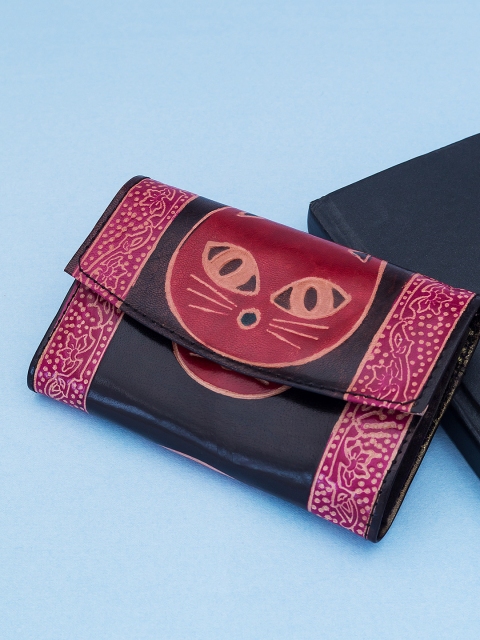 

Golden Peacock Women Black & Magenta Cat Design PU Two Fold Wallet