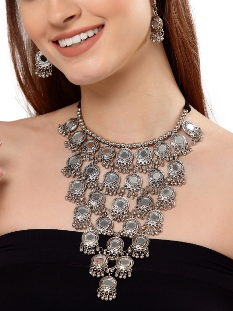 

Shining Diva Oxidised Silver-Plated Mirror Studded Jewellery Set