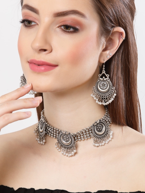 

Shining Diva Oxidised Silver-Plated White Beaded Jewellery Set