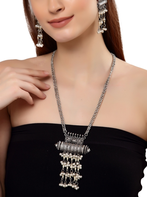 

Shining Diva Oxidised Silver-Plated White Beaded Jewellery Set