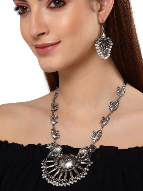 

Shining Diva Oxidised Silver-Plated White Beaded Jewellery Set