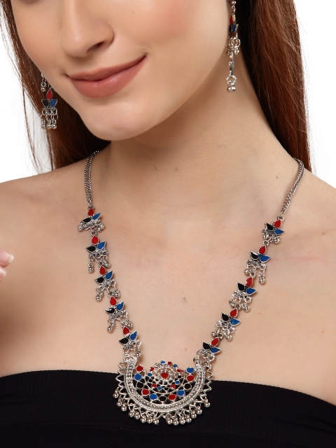 

Shining Diva Oxidised Silver-Plated Red & Blue Stone-Studded Jewellery Set