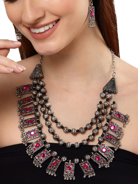 

Shining Diva Oxidised Silver-Plated Pink & Black Stone-Studded & Beaded Jewellery Set