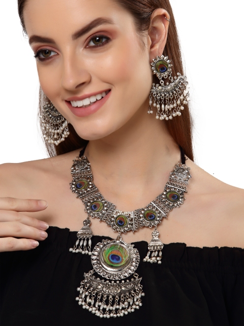 

Shining Diva Oxidised Silver-Plated Green & Blue Stone-Studded & Beaded Jewellery Set