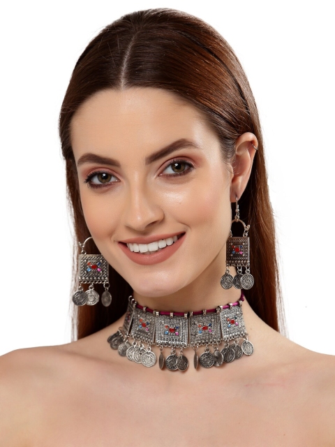 

Shining Diva Oxidised Silver-Plated Red & Blue Choker Jewellery Set
