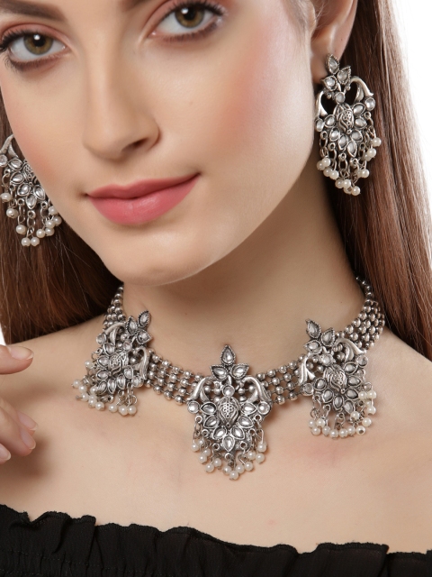 

Shining Diva Oxidised Silver-Plated White Stone Studded & Beaded Jewellery Set