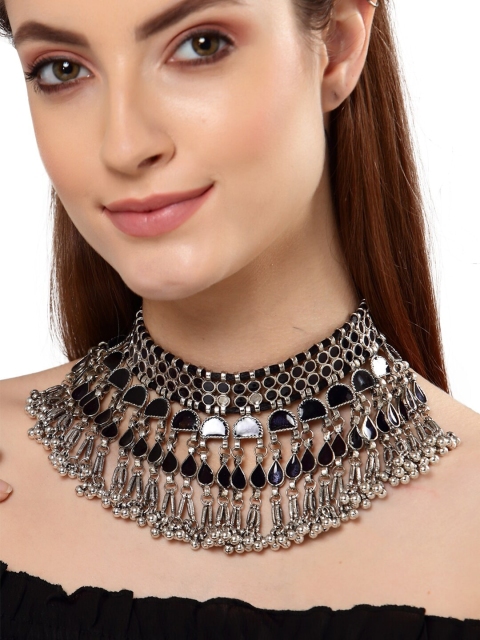 

Shining Diva Women Black & Silver-Toned Oxidised Necklace