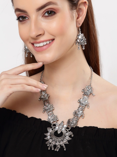 

Shining Diva Oxidised Silver-Plated White Stone-Studded Jewellery Set