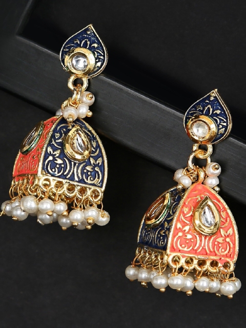 

OOMPH Orange & Blue Meenakari Enamelled Kundan Drop Earrings