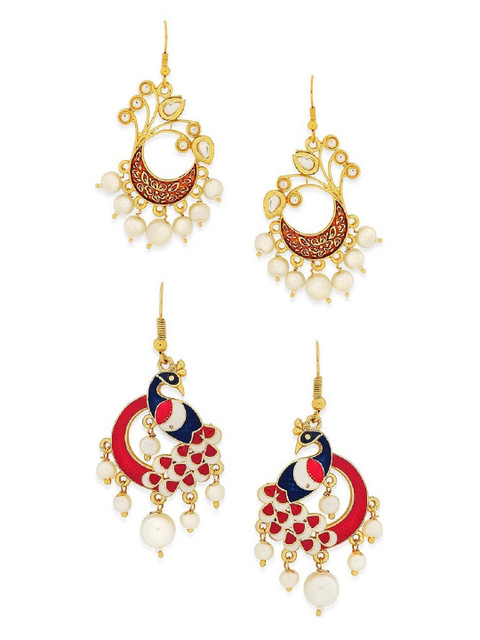 

OOMPH Set of 2 Red Meenakari Enamel Peacock Shape Earrings