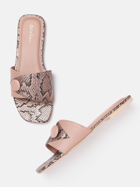 

Mast & Harbour Women Rose Gold-Toned & Black Snakeskin Textured Open Toe Flats