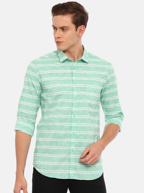 

Swiss Club Men Sea Green & White Slim Fit Opaque Striped Pure Cotton Casual Shirt