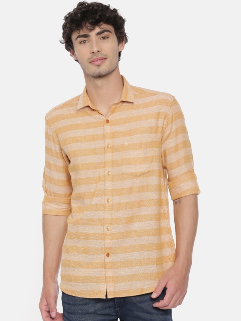 

Swiss Club Men Orange Slim Fit Striped Pure Cotton Casual Shirt