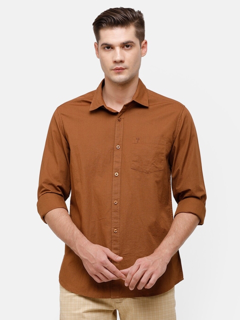 

Swiss Club Men Brown Solid Opaque Slim Fit Pure Cotton Casual Shirt