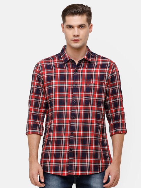 

Swiss Club Men Red Slim Fit Tartan Checks Opaque Checked Pure Cotton Casual Shirt
