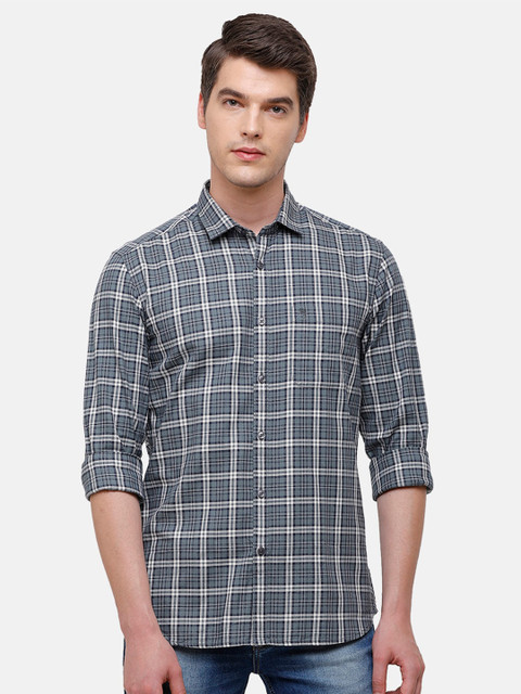 

Swiss Club Men Grey & White Slim Fit Opaque Tartan Checked Pure Cotton Casual Shirt