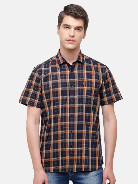 

Swiss Club Men Navy Blue & Rust Slim Fit Opaque Tartan Checked Pure Cotton Casual Shirt