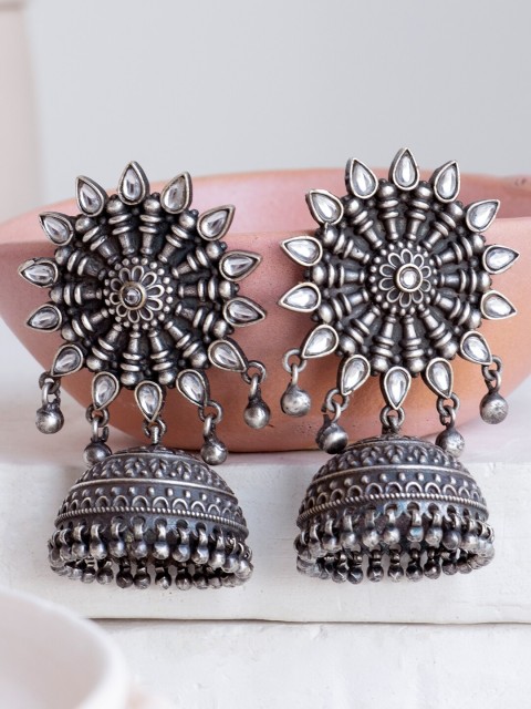 

Infuzze Silver-Toned Kundan Studded Oxidised Domed Jhumkas Earrings