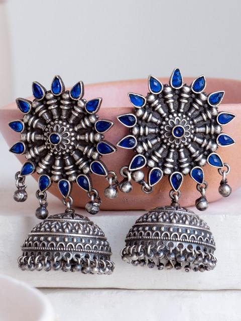 

Infuzze Silver-Toned & Blue Contemporary Jhumkas Earrings